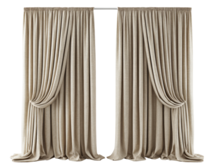 Pair of beige textured drapes.  Full-length, pleated, and gathered at the top.  Horizontal pleats