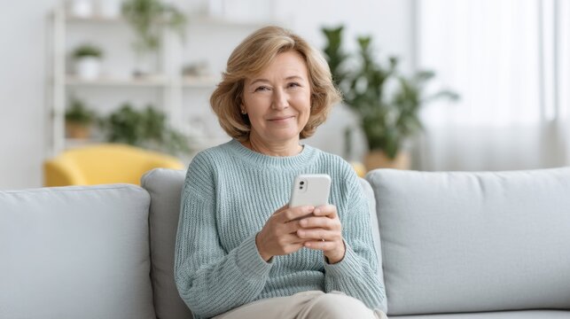 Happy middle-aged woman using smartphone on couch in cozy living room with houseplants and bright natural lighting, enjoying digital connectivity and leisure time