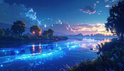 A serene lake scene at twilight, showcasing a tranquil riverbank with luminous blue reflections, highlighted by a beautiful sunset sky.