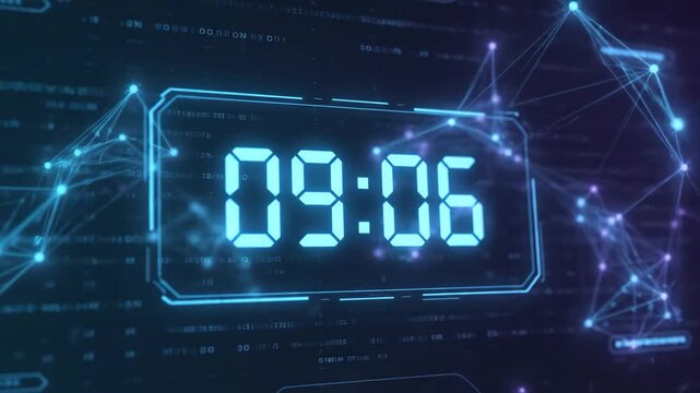 Digital Clock Timeline Concept - A futuristic digital clock displaying 09:04 is shown against a backdrop of glowing network connections and digital code. - Powered by Adobe