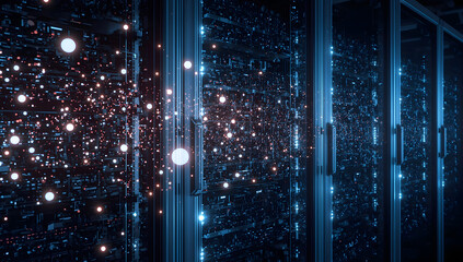 Data Center Server Racks, Digital Information Processing, Futuristic Server Room