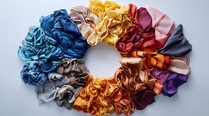 Vibrant fabric swatches arranged in a ring, displaying a spectrum of colors from blue to beige. Perfect for design inspiration, textile selection, and creative projects. Recycle waste background