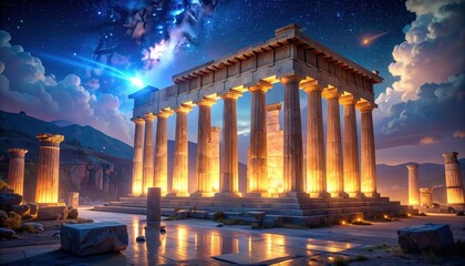 A magnificent ancient temple bathed in warm evening light, with celestial cosmic streaks above, evokes a sense of timeless wonder.