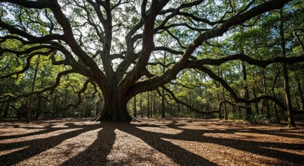 Obraz premium Sprawling oak tree with massive branches casts long shadows across open forest floor