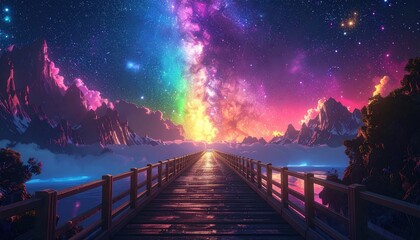 A vibrant, fantastical wooden bridge extends into a breathtaking landscape of colorful mountains, a luminous rainbow, and a starry night sky.