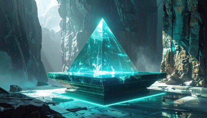 A luminous teal pyramid structure stands imposingly within a misty, rocky canyon.