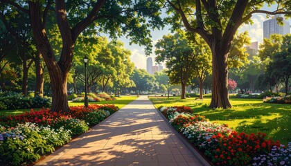 A sun-drenched park path winds through vibrant blooms and lush greenery, bathed in morning light, towards a cityscape skyline.