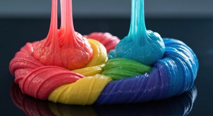 Swirled rainbow slime forms a round shape, dripping down onto a dark surface