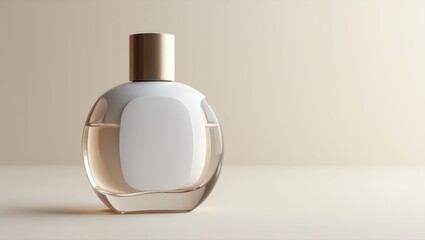 A round, clear glass perfume bottle with a gold cap sits on a neutral backdrop, showcasing its elegant design and subtle hues.