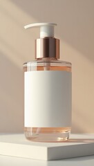A clear glass bottle with a rose gold pump dispenser and a blank white label sits atop a simple white platform, displaying a soft peachy background.