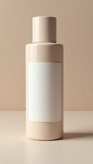 A light beige, cylindrical bottle with a blank white label, set against a muted beige background, presents a simple and elegant design for product mockup.