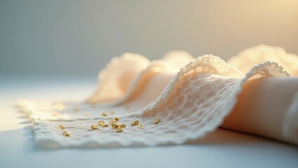 Delicate, draped lace fabric with scattered gold beads, highlighting soft, pastel hues and gentle folds.