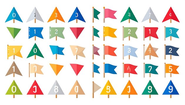 Collection of colorful flags and pointers with numbers