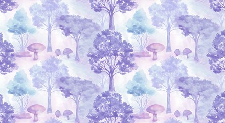 Pastel trees and mushrooms seamless pattern