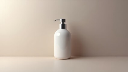 A simple, minimalist presentation of a white ceramic pump dispenser bottle, set against a neutral beige backdrop.