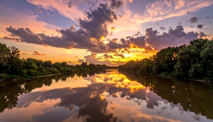 Serene river sunset reflecting vibrant clouds