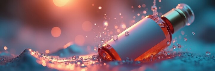 A delicate glass bottle, labeled in soft tones, rests gently in a vibrant splash of water, highlighting the product's elegant design.