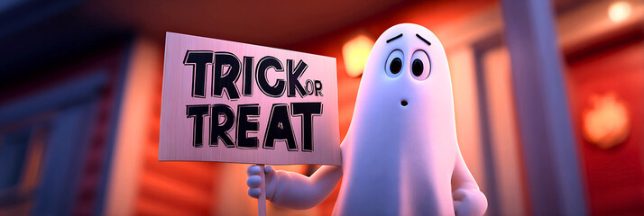 Friendly ghost holding trick or treat sign with spooky halloween lights in background