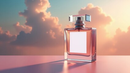 A translucent, glass perfume bottle rests on a soft pink surface, bathed in the warm light of a sunset sky.