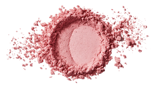 A light-pink cosmetic powder, in a circular well, surrounded by scattered powder