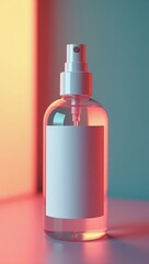 A clear spray bottle with a blank label, bathed in vibrant neon lighting, showcasing a modern and minimalist design.