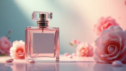 A delicate perfume bottle, adorned with soft pink roses, creates a romantic and elegant aesthetic.