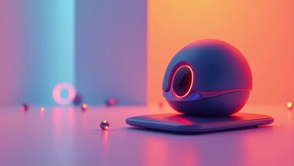 A futuristic, spherical device rests on a sleek platform, bathed in vibrant neon hues.