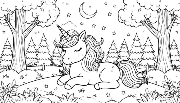 Cute unicorn in a tranquil forest scene
