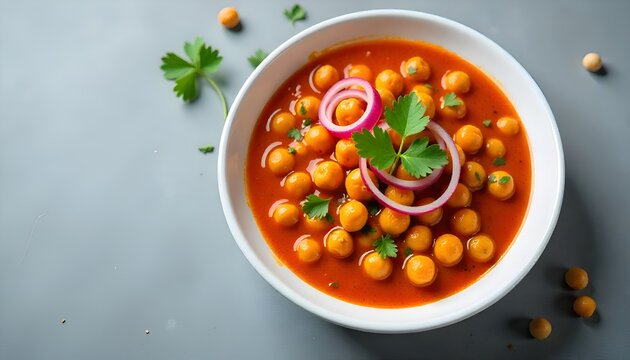 Top closeup view of chole masala or chana an indian street food made of chickpeas, tomatoes and cumin decorated with onion rings and parsley in bowl on gray concrete table. 