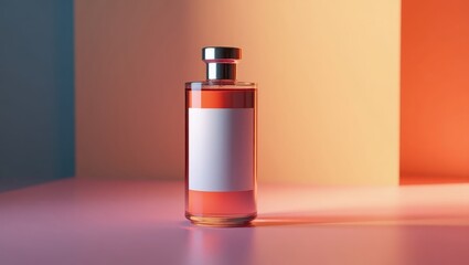 A clear glass perfume bottle with a blank label, positioned against a backdrop of contrasting pastel colors, creates a vibrant, modern aesthetic.