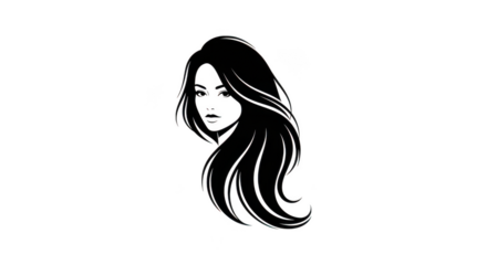 A stylized black and white illustration of a womans face with flowing hair, isolated on a transparent background