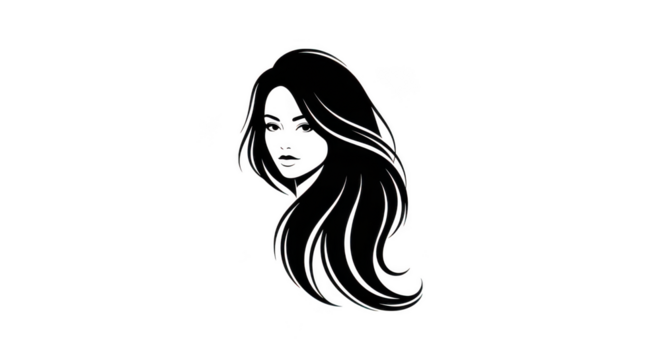 A stylized black and white illustration of a womans face with flowing hair, isolated on a transparent background - Powered by Adobe