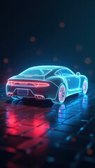 A futuristic car, outlined in vibrant neon blue and red, rests on a reflective paved surface, bathed in a captivating night ambiance.