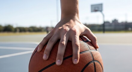 Close-up of a hand resting on a basketball on an outdoor court, with a hoop and buildings in the background.