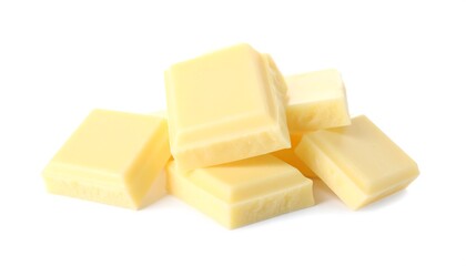 Pile of white chocolate pieces against a white background