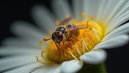 A close-up of a fly delicately resting on a white daisy's vibrant yellow center, showcasing the intricate details of the insect and flower in sharp focus against a dark background.