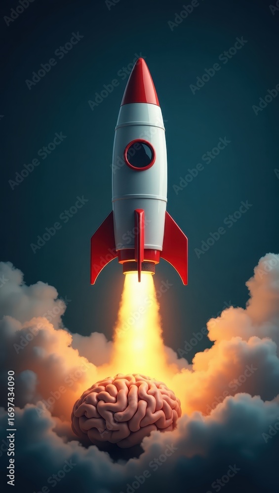 Poster a dynamic illustration of a brain propelled into the future by a rocket, symbolizing the power of in