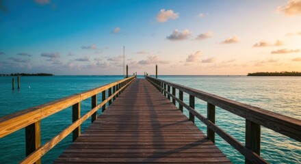Obraz premium Wooden pier stretching into calm, turquoise ocean under a vibrant sunset