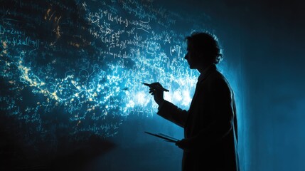 Scientist Analyzing Complex Equations with Light Projection in Dark Laboratory Environment