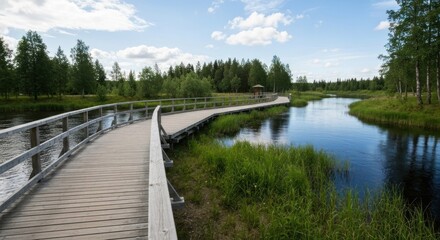 Wooden boardwalk curves across river into green trees under a cloudy sky
