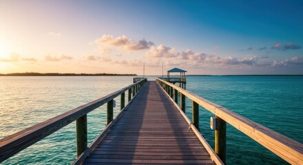 Wooden pier stretching into a calm, turquoise ocean at sunset, under a blue sky