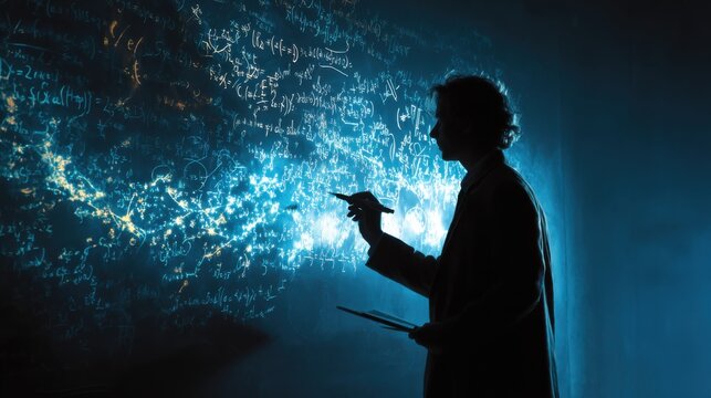 Scientist Analyzing Complex Equations with Light Projection in Dark Laboratory Environment