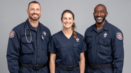 Professional medical team portrait with diverse paramedics smiling and standing confidently in uniform against a grey studio background