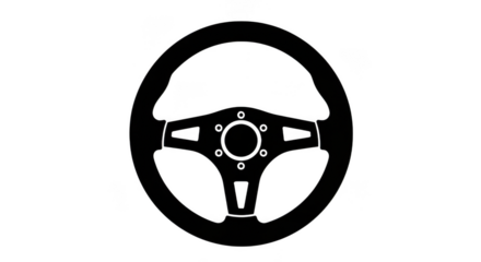 A black silhouette of a racing steering wheel isolated on a plain transparent background, representing automotive control and performance