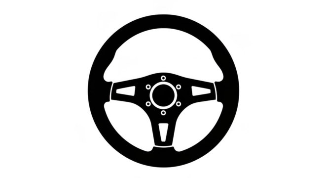 A black silhouette of a racing steering wheel isolated on a plain transparent background, representing automotive control and performance