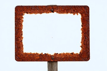 Vintage metal sign with rusted, corroded edges, riveted surface, and weathered texture. Mounted on wooden post, evokes antique, rustic, industrial, nostalgic, distressed, and classic design elements.