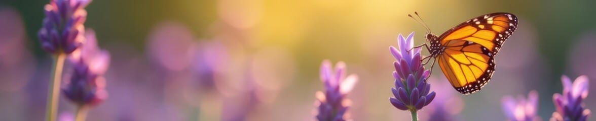 Fototapeta premium A monarch butterfly rests on lavender, bathed in sunlight , nature, bright