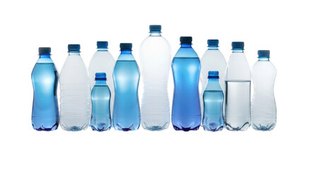 Naklejka premium Row of clear/blue plastic water bottles against a black background