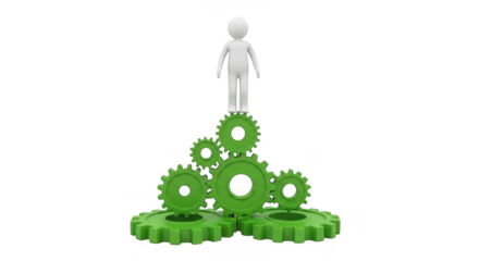 A white stick figure stands atop a complex arrangement of interlocking green gears, symbolizing teamwork and mechanical process isolated on transparent background