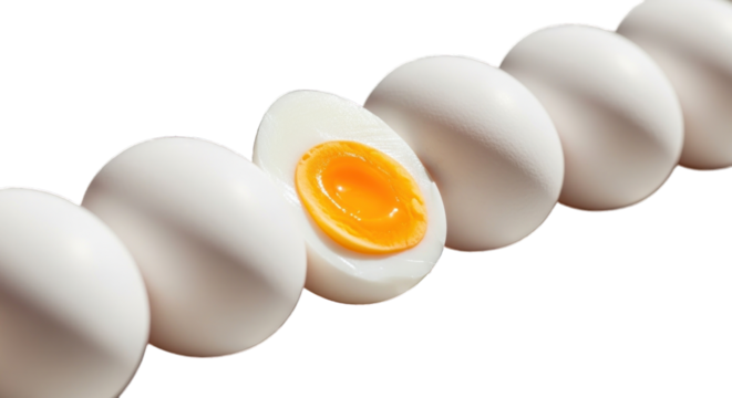 Row of white eggs, one halved with yolk